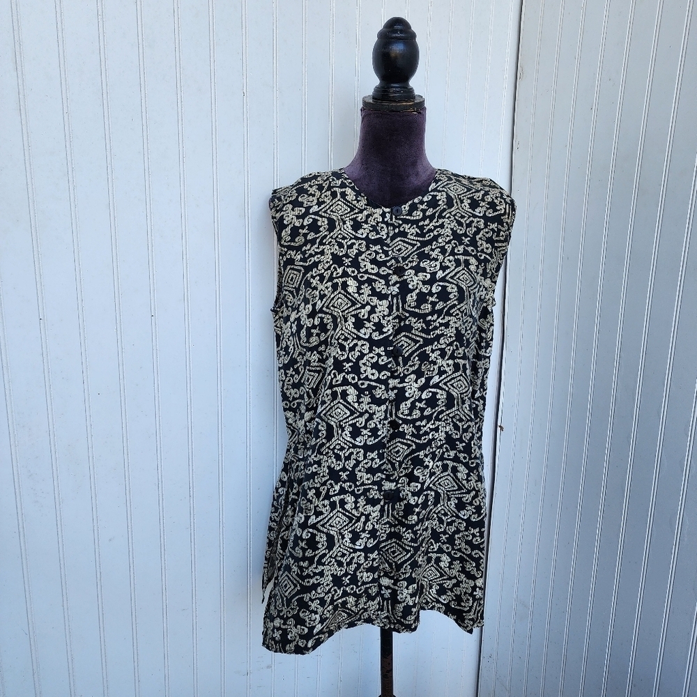 VTG Bogari Silk Button Up Tunic Top Brown Black Artsy Folk Hipster 90's Sz M